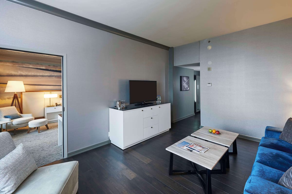 Suite, 1 Bedroom (Skybox) | Ruang tamu | 42 inci televisyen skrin rata dengan kabel, TV, stesen dok iPod