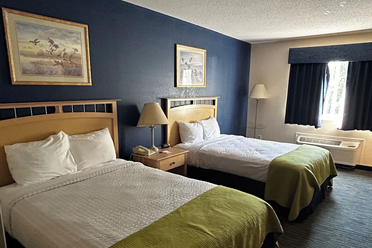 Habitación de hotel con dos camas, una mesita de noche con lámpara, una ventana con cortinas y un cuadro en la pared.