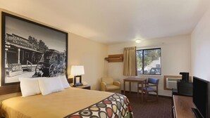 Ein Hotelzimmer mit einem großen Bett, einem Schreibtisch, einem Sessel, einem Fernseher und einem Fenster mit Vorhängen.