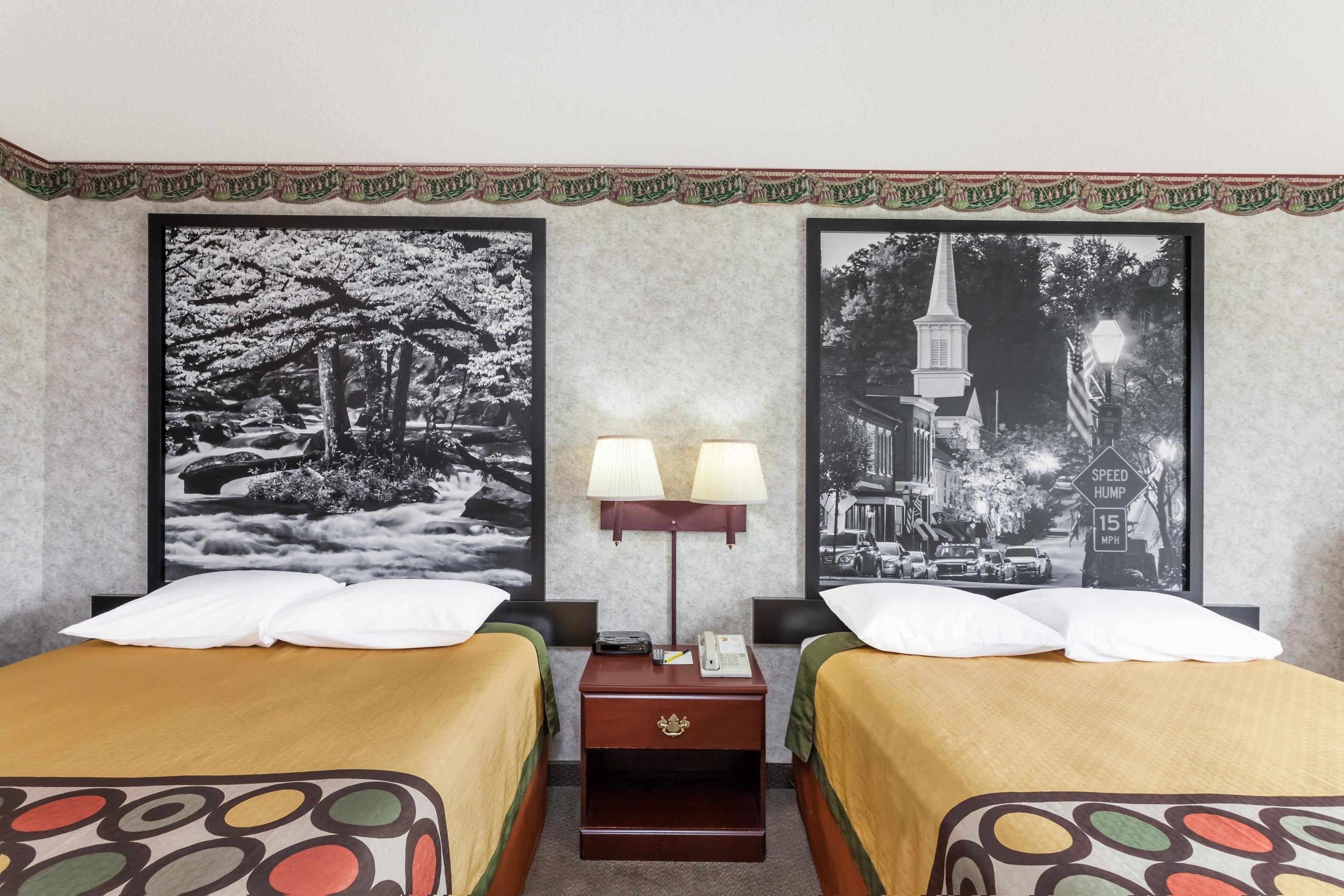 Une chambre d’hôtel avec deux lits, une table de chevet avec une lampe et deux tableaux encadrés au mur.