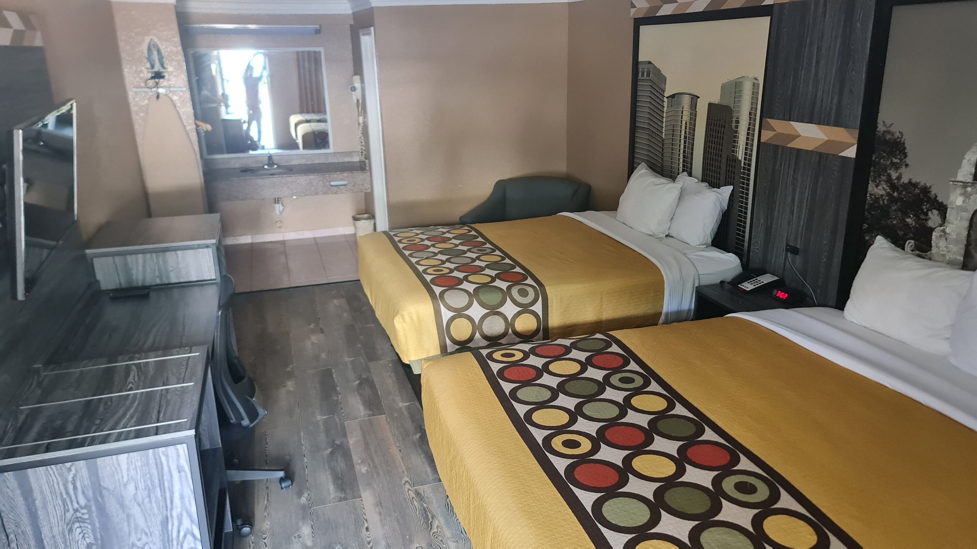 Desk, laptop workspace, blackout curtains, iron/ironing board