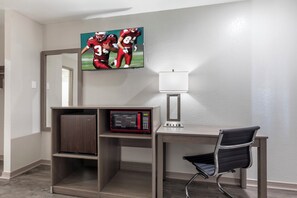 Desk, laptop workspace, blackout curtains, free WiFi