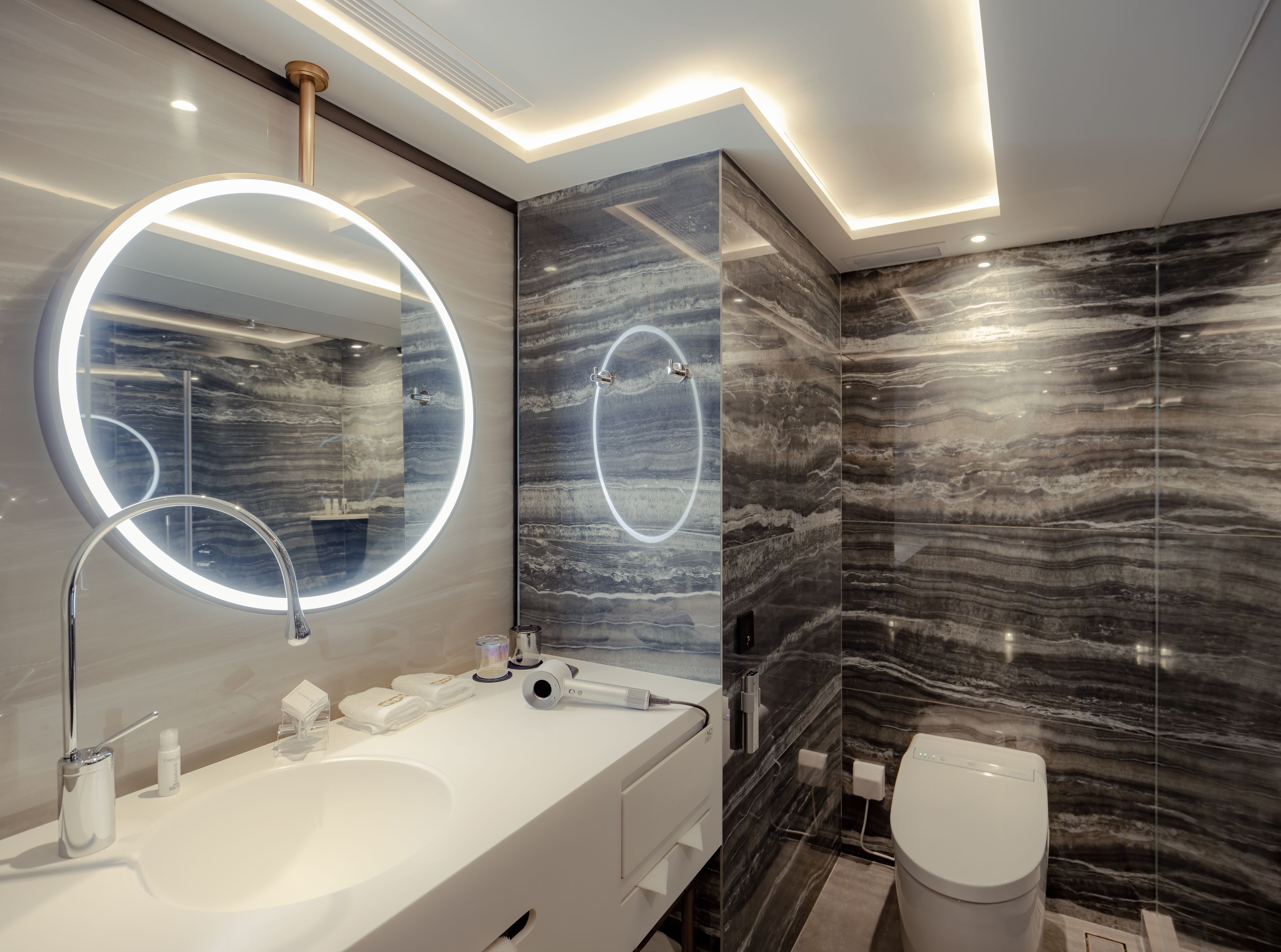 shower, rainfall showerhead, hair dryer, slippers