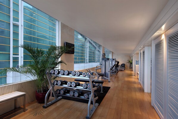 A gym with exercise equipment, a bench, and a potted plant. - Hotel Royal Macau (Macau)