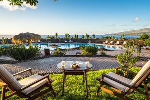 Outdoor pool, pool umbrellas, pool loungers