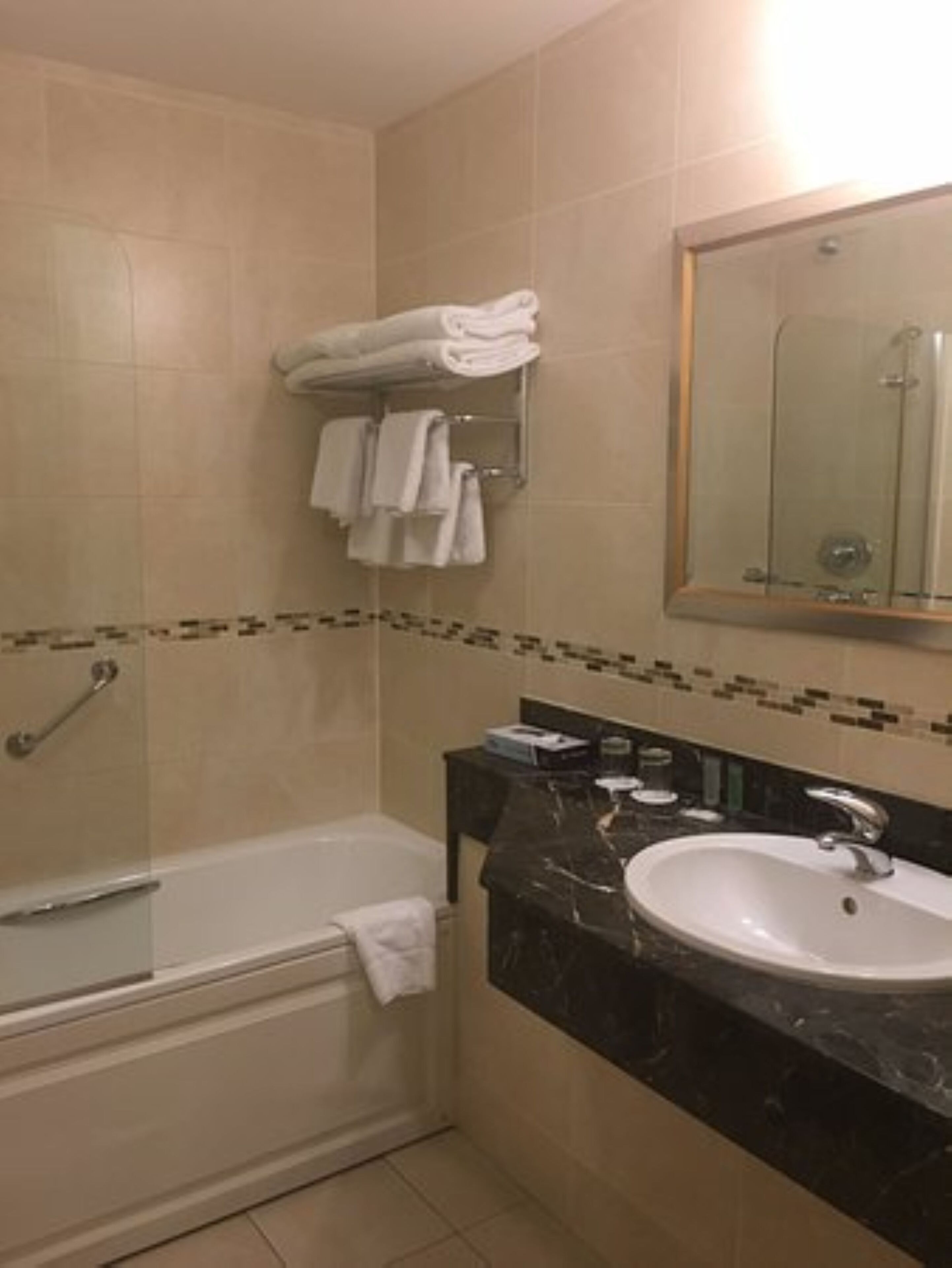 combined shower/bathtub, free toiletries, hair dryer, towels