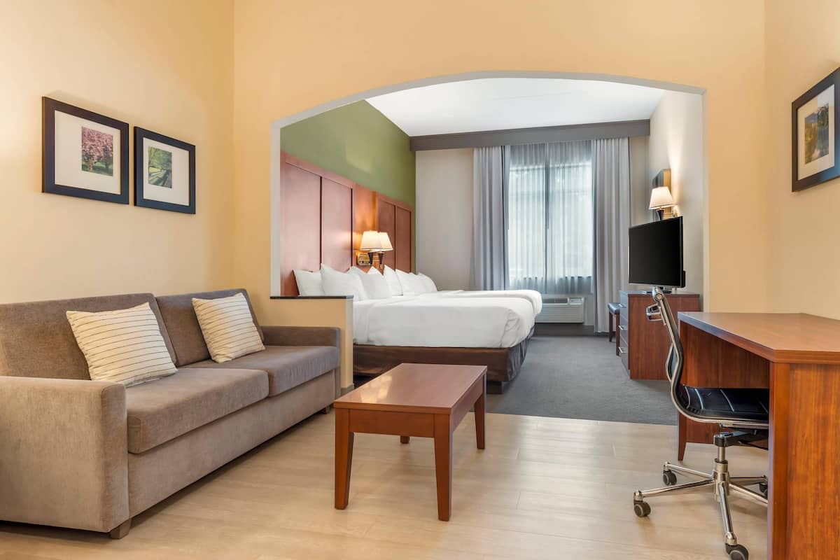 Una habitación de hotel con sofá, cama, escritorio, televisor y lámpara.