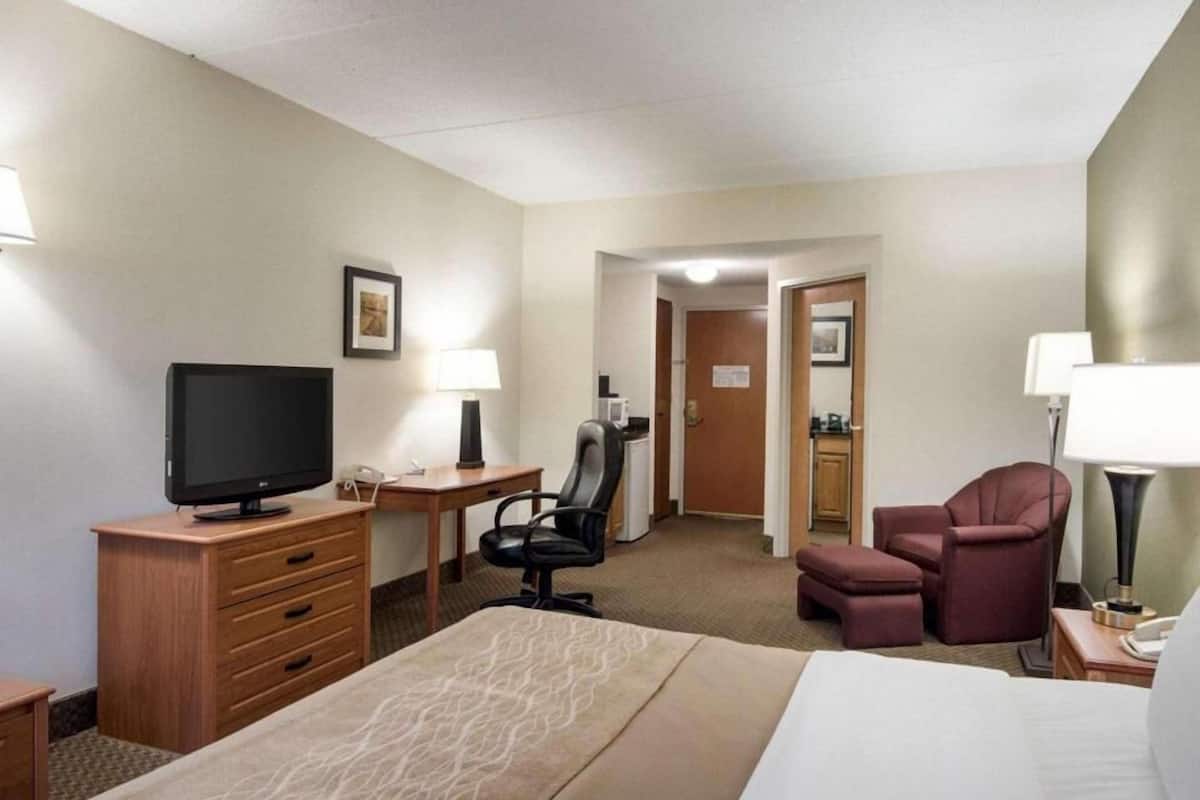 Una habitación de hotel con cama, escritorio, silla, televisor y lámpara.