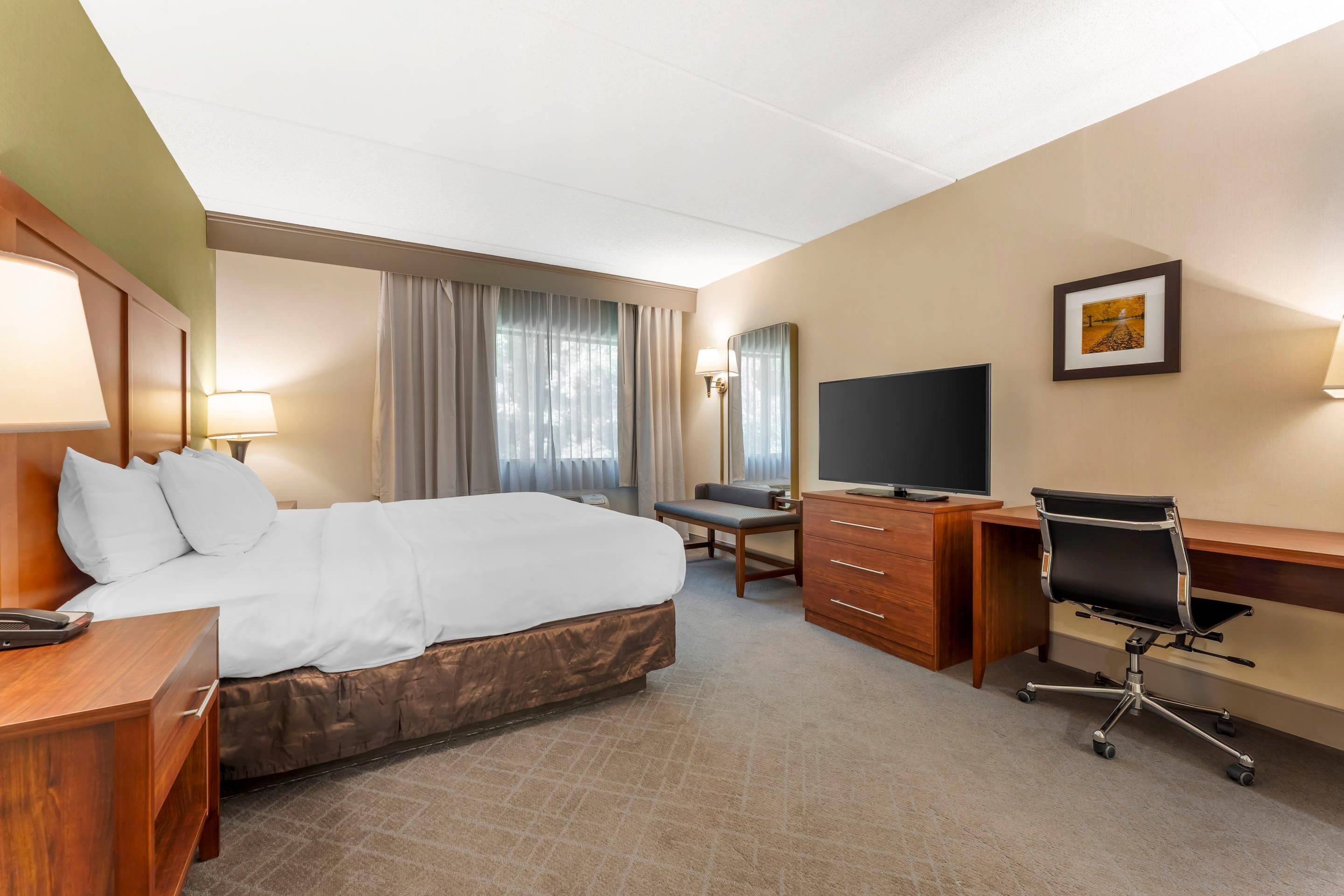 Een hotelkamer met een bed, bureau, stoel, televisie en een foto aan de muur.