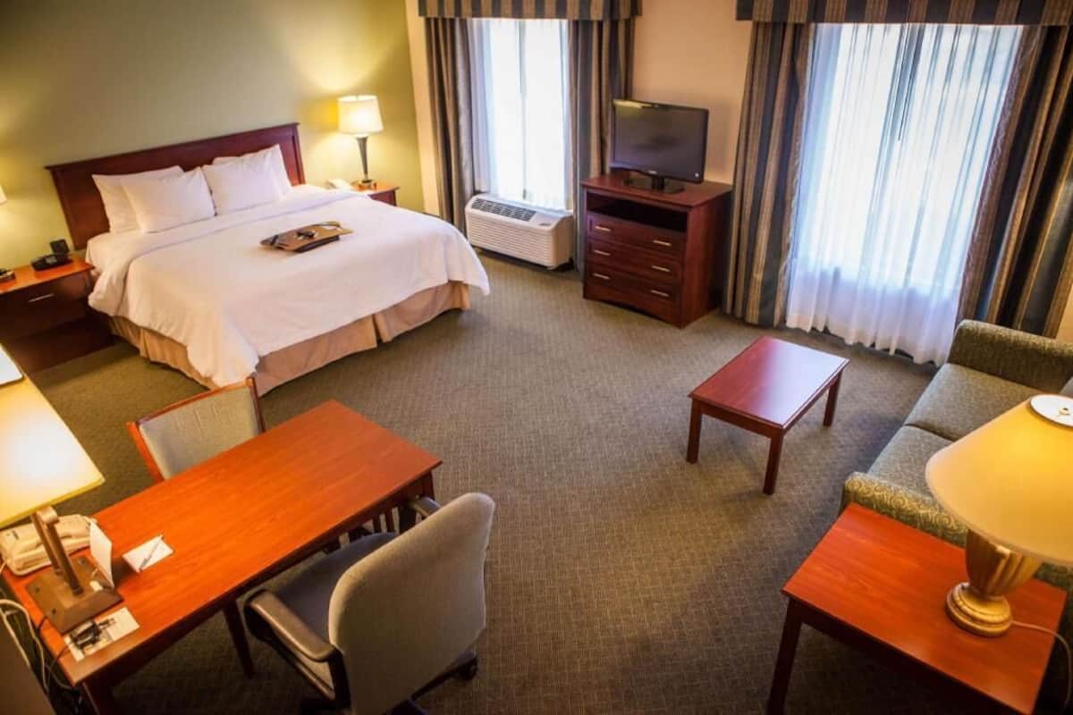 A hotel room with a bed, a desk, a chair, a TV, a lamp, and a sofa.