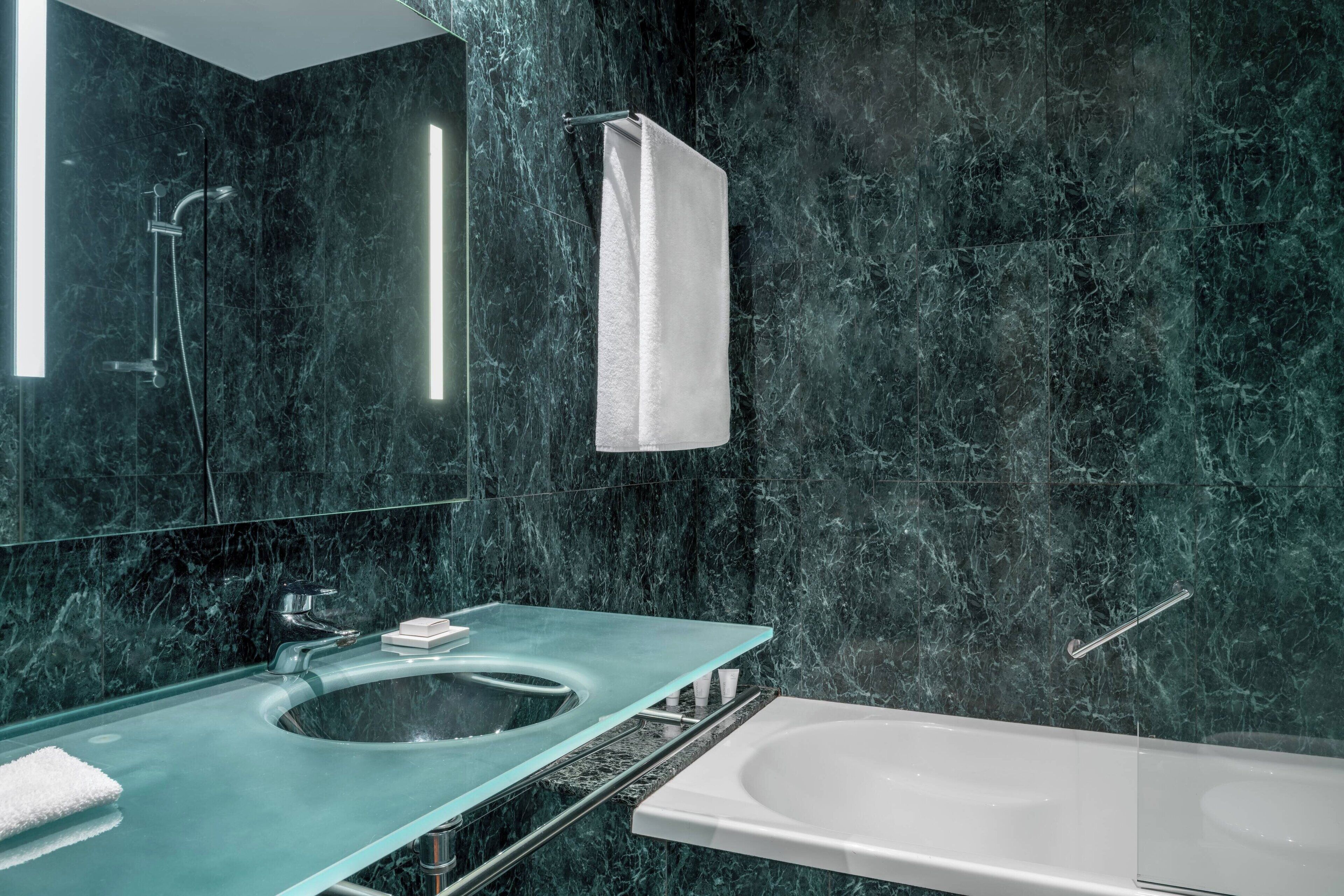 combined shower/bathtub, free toiletries, hair dryer, bidet