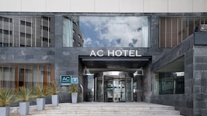 La entrada del Hotel AC con una puerta giratoria, escalones que conducen a la entrada y plantas en macetas al frente.