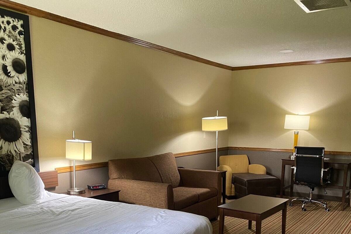 Ein Hotelzimmer mit einem großen Bett, einer Couch, einem Schreibtisch und zwei Lampen.