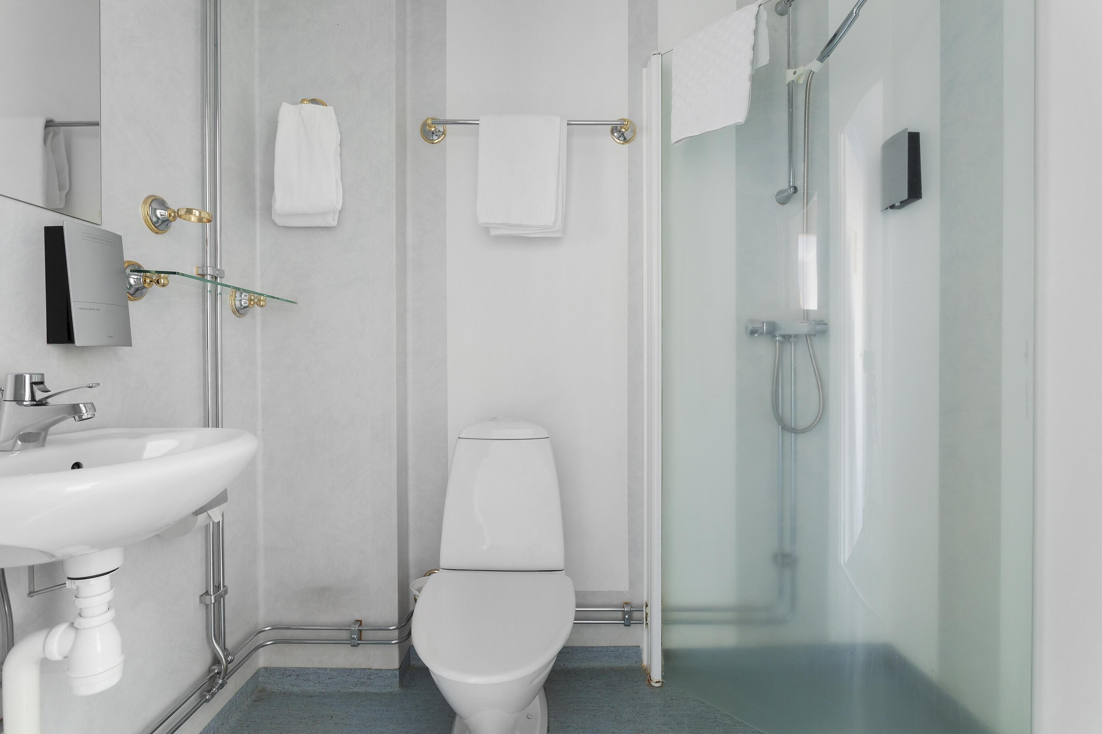 Shower, free toiletries, towels