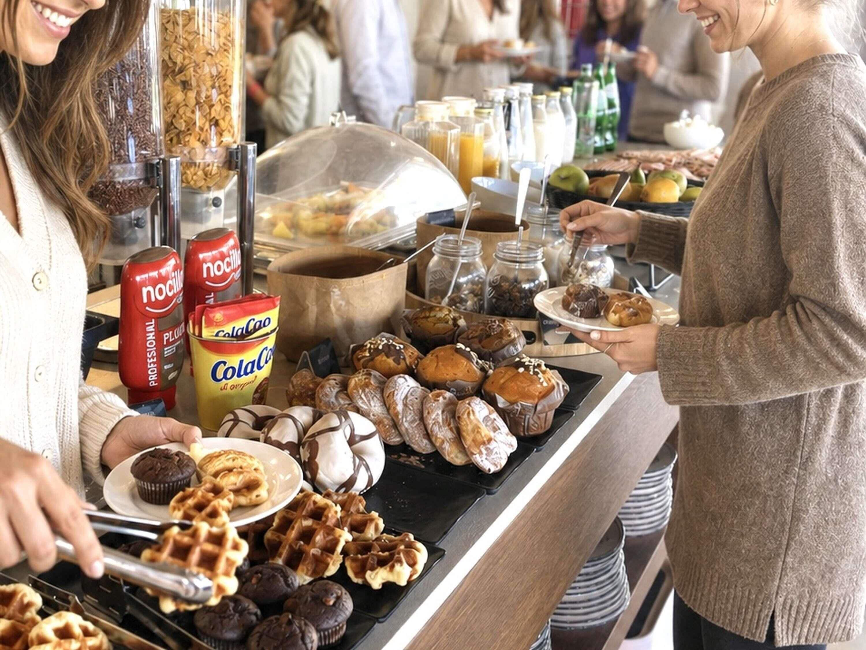 A buffet with various food items, including waffles, muffins, and pastries.