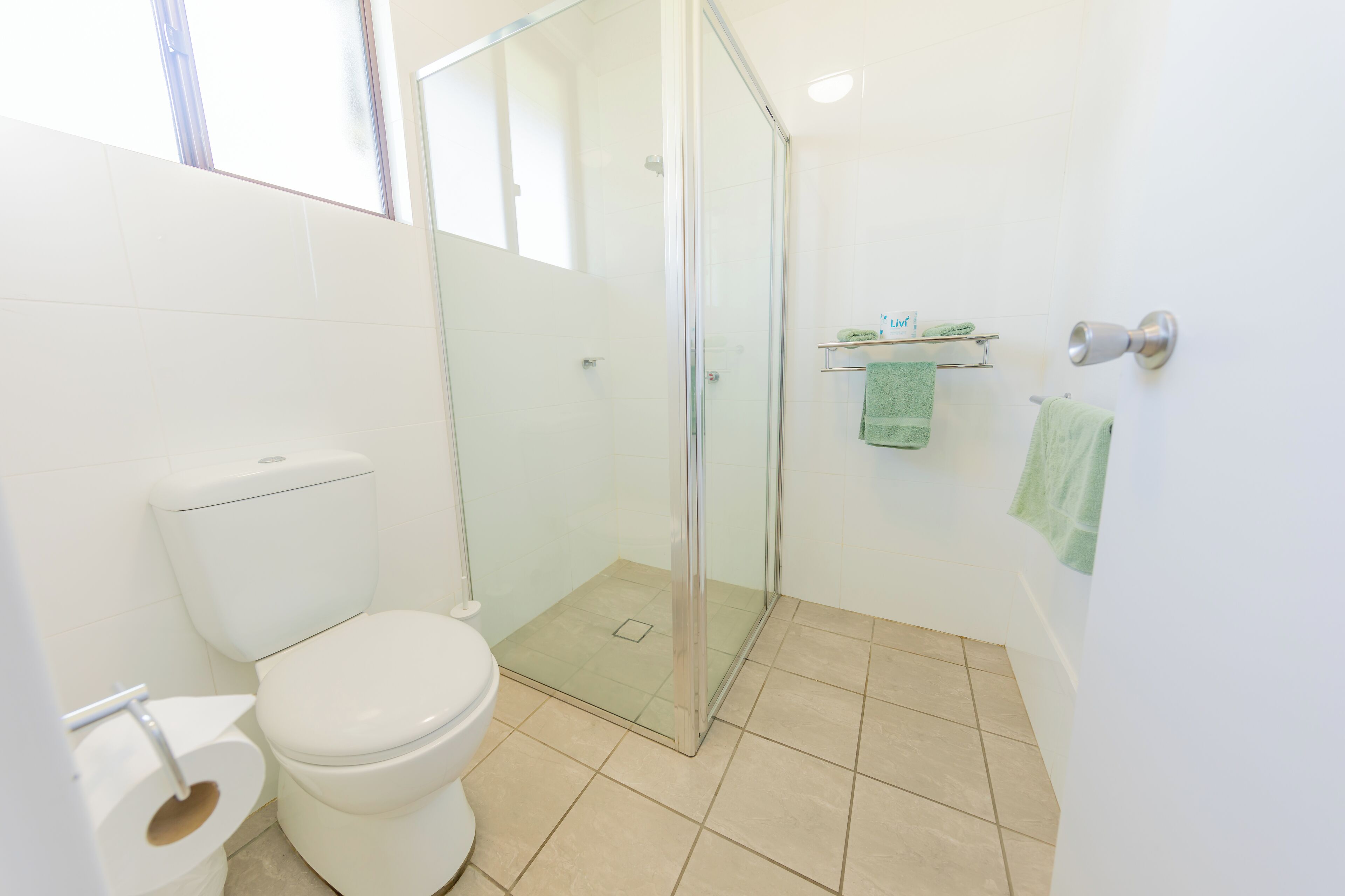 A bathroom with a toilet, a glass-enclosed shower, and a towel rack with two towels.