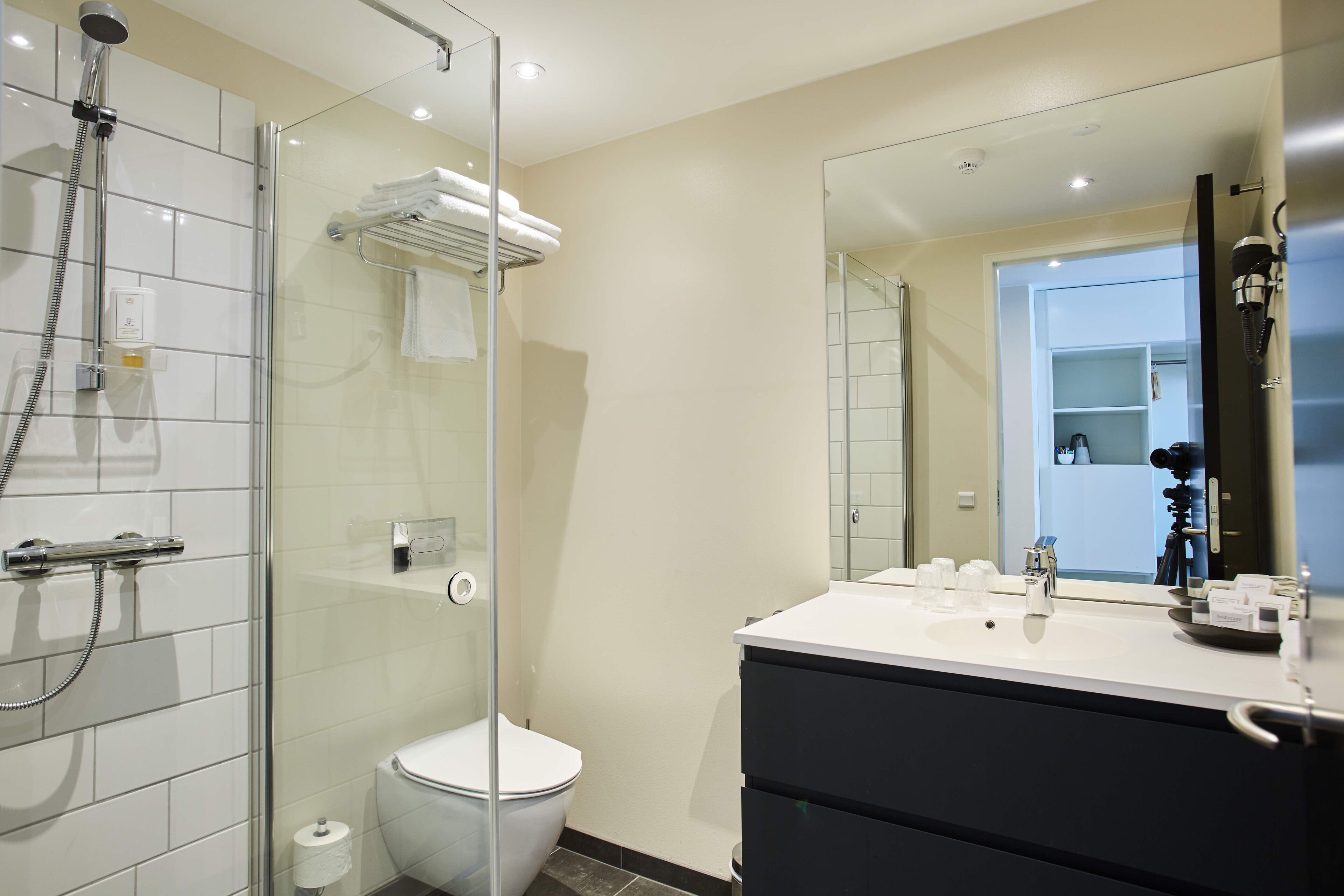 eco-friendly toiletries, hair dryer, towels, soap