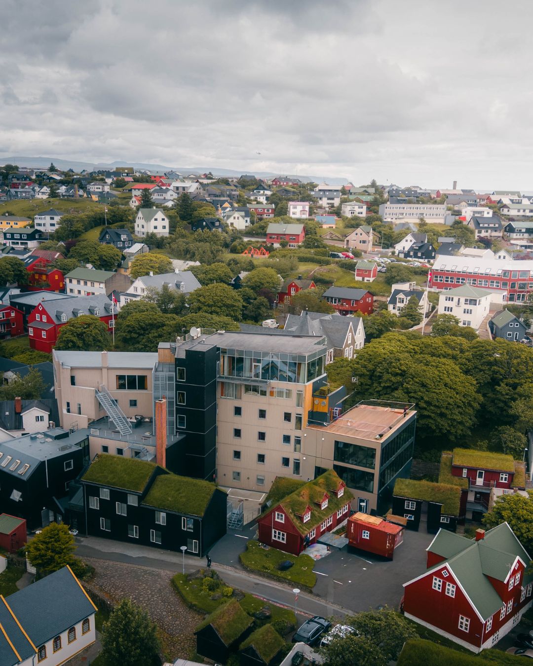 A residential area with modern and traditional houses, some with green roofs, and a mix of building styles.