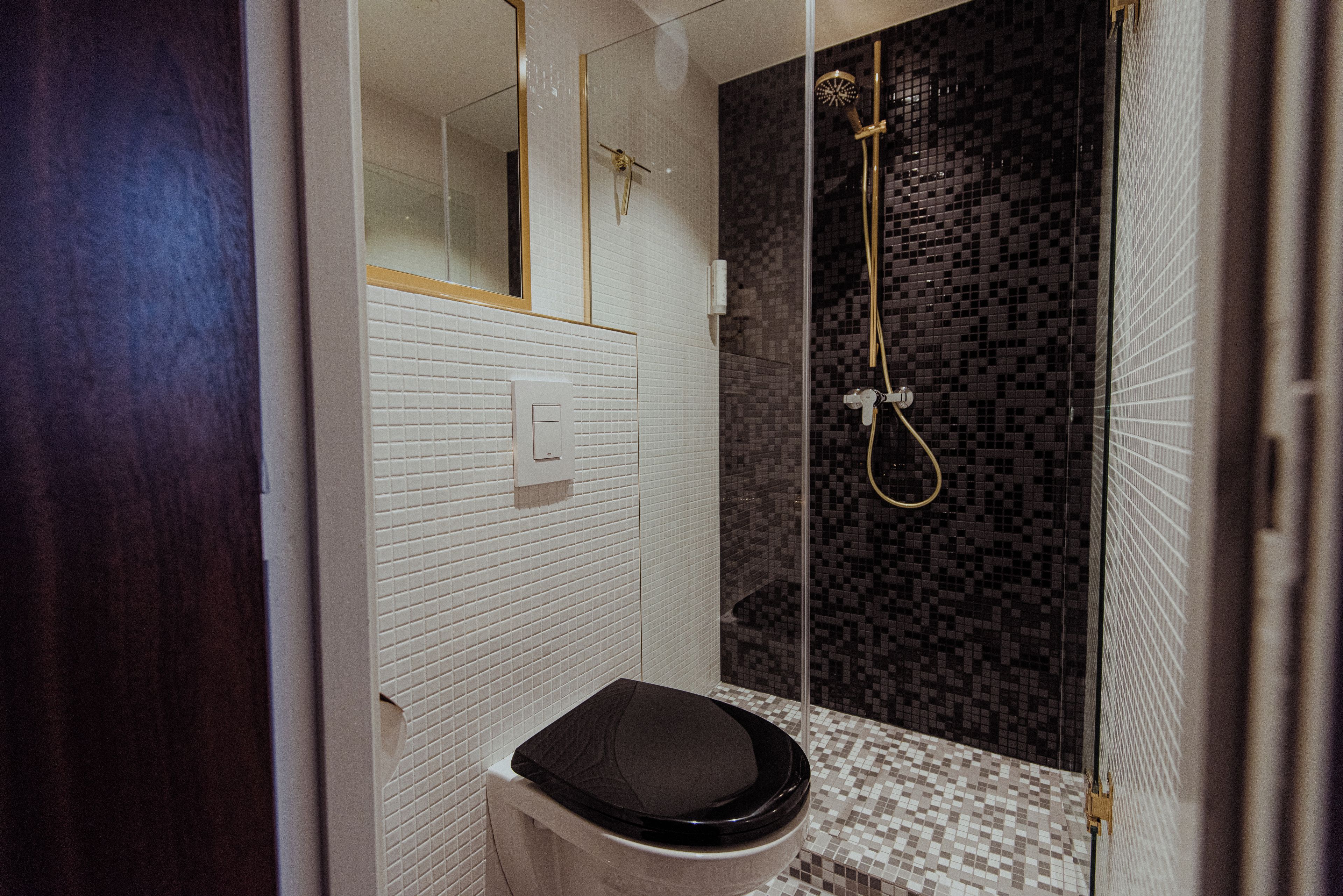 A modern bathroom with a toilet, a shower with a glass door, and a mirror above the sink.