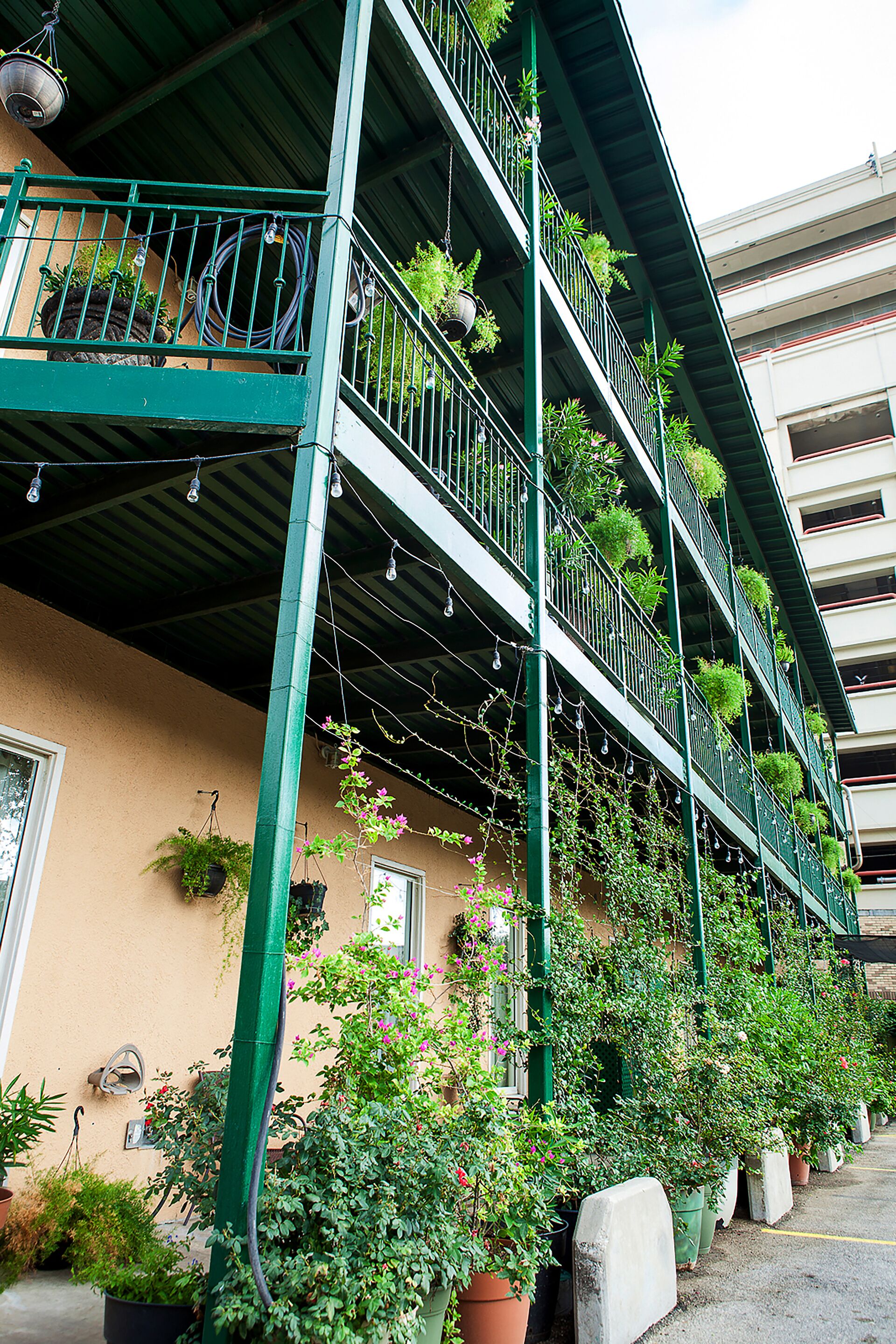 A multi-story building with balconies, potted plants, and hanging lights.