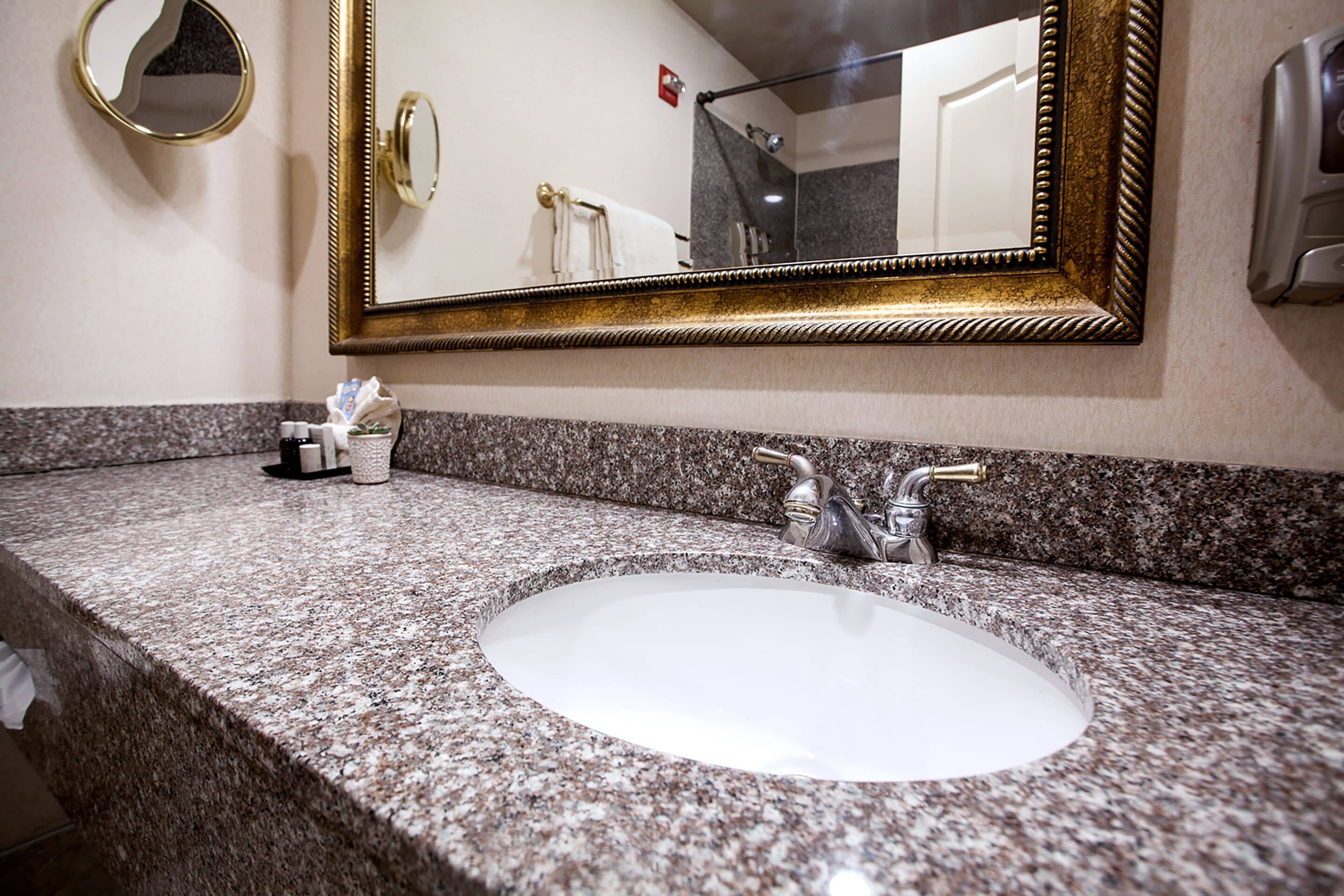 A bathroom with a granite countertop, a white sink, a gold-framed mirror, and a towel rack.