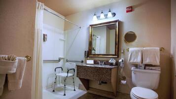 Un baño con ducha, lavamanos, inodoro y una silla accesible para sillas de ruedas.