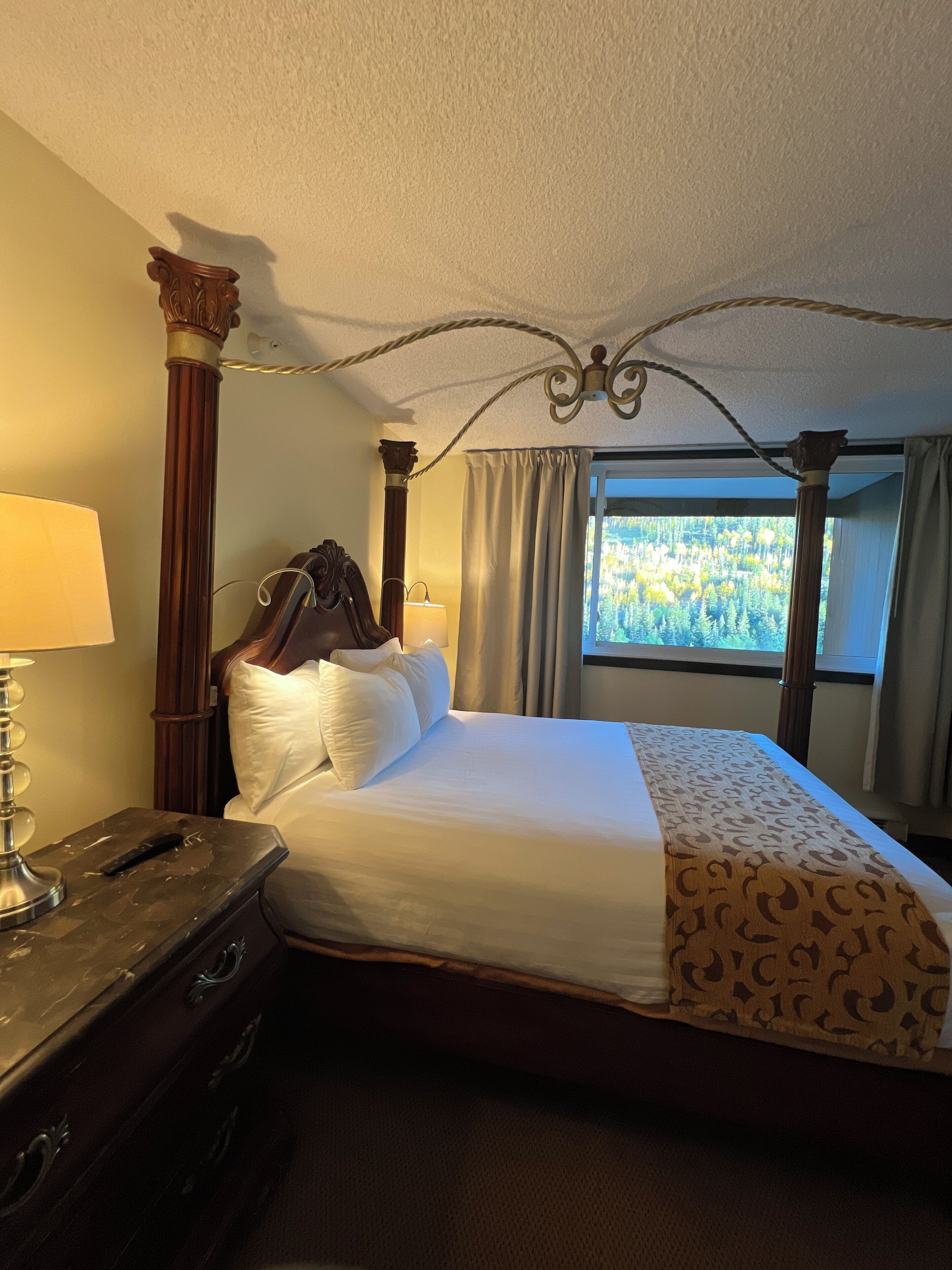 Une chambre d’hôtel avec un grand lit, une table de chevet avec une lampe et une vue sur une forêt par la fenêtre.