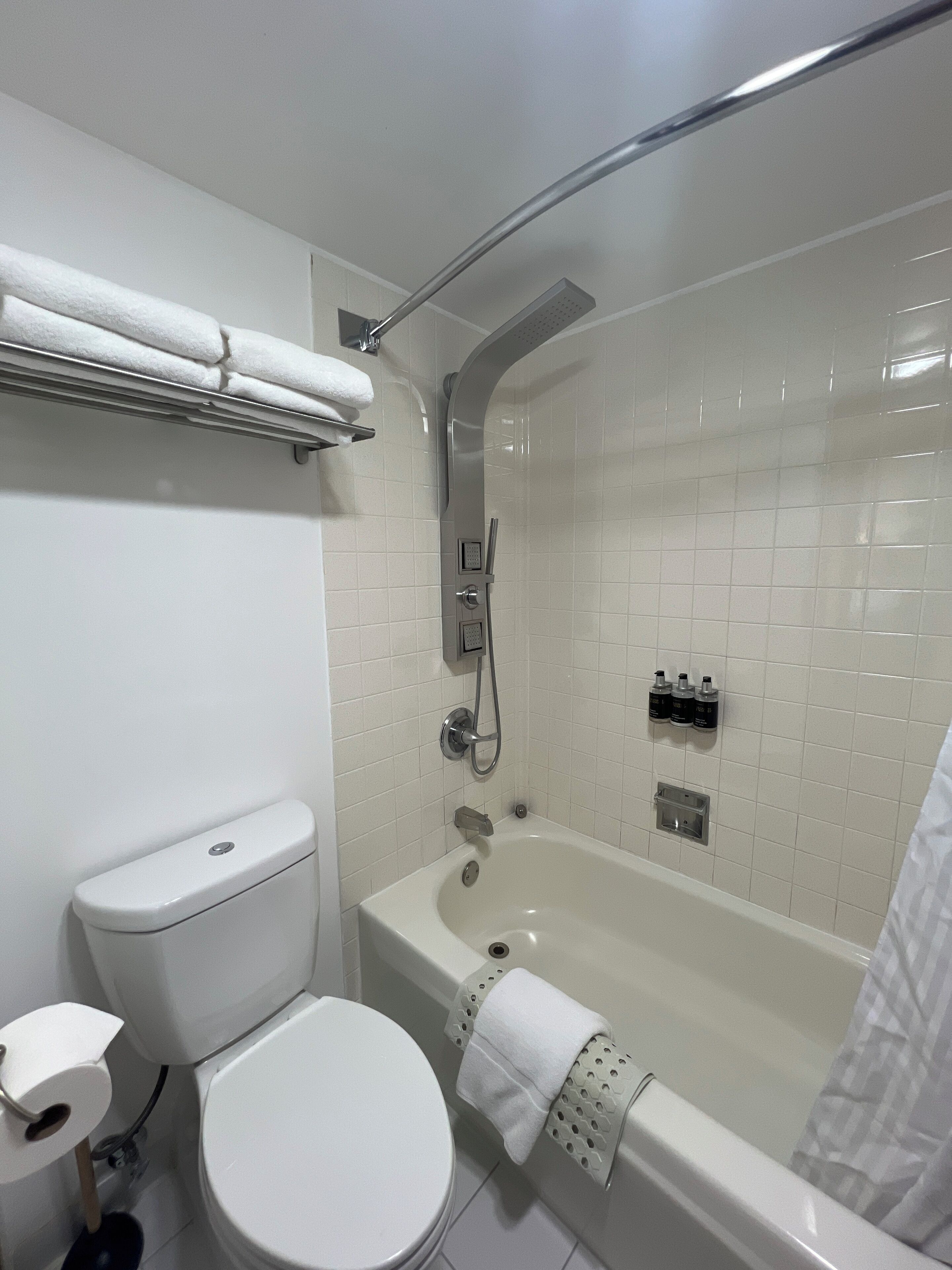 A bathroom with a toilet, a bathtub, and a shower.