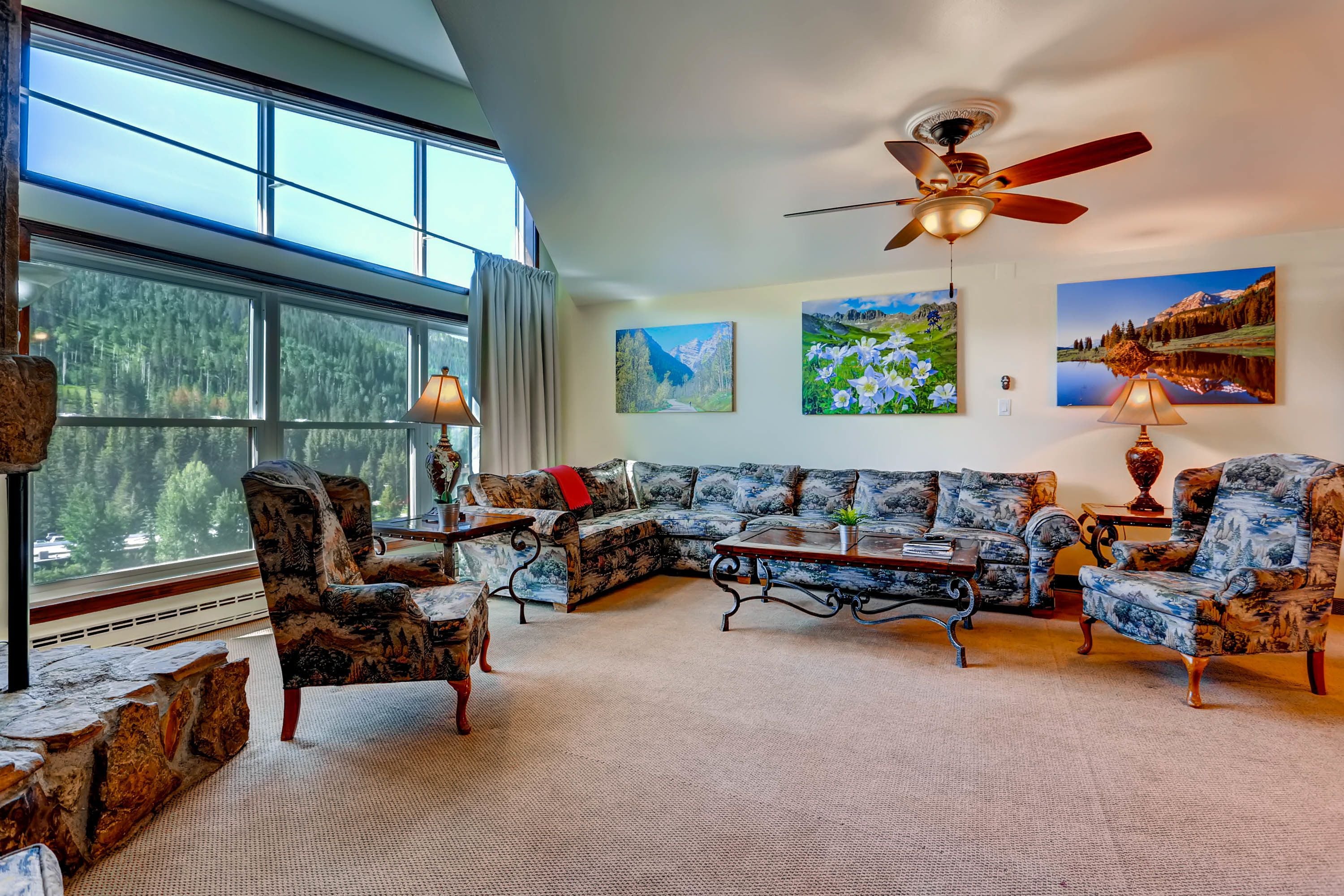 Télévision LCD, cheminée, lecteur de DVD, services de streaming