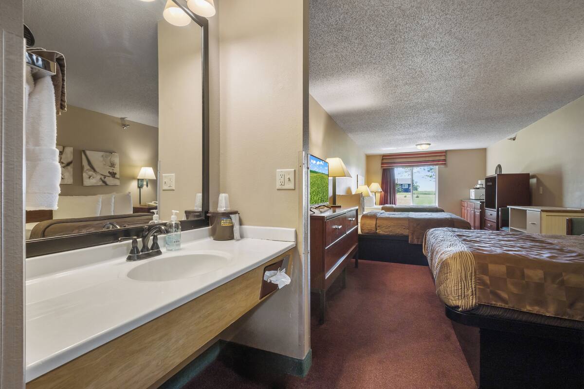 A hotel room with a large mirror, a white sink, a wooden vanity, a bed with a checkered bedspread, a window with a view of greenery, and a small refrigerator.