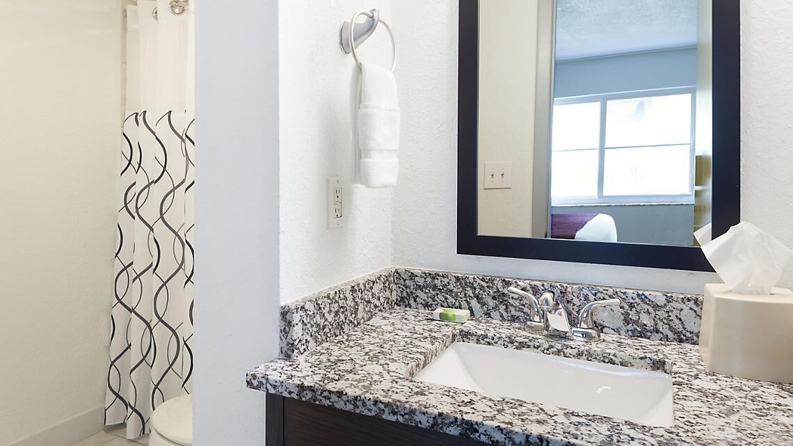 A bathroom with a granite countertop sink, a mirror, a towel rack, and a patterned shower curtain.