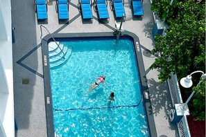 Outdoor pool, pool umbrellas, pool loungers