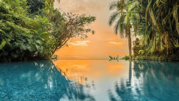 Outdoor pool, pool umbrellas, pool loungers