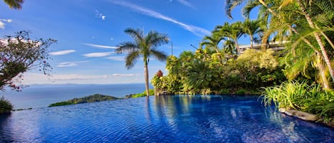 Outdoor pool, pool umbrellas, pool loungers