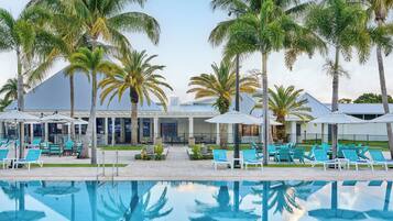 2 outdoor pools, open 8:00 AM to 7:00 PM, pool umbrellas, sun loungers