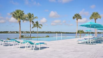 2 hồ bơi ngoài trời, dù/ô trên bãi biển/hồ bơi, ghế dài tắm nắng