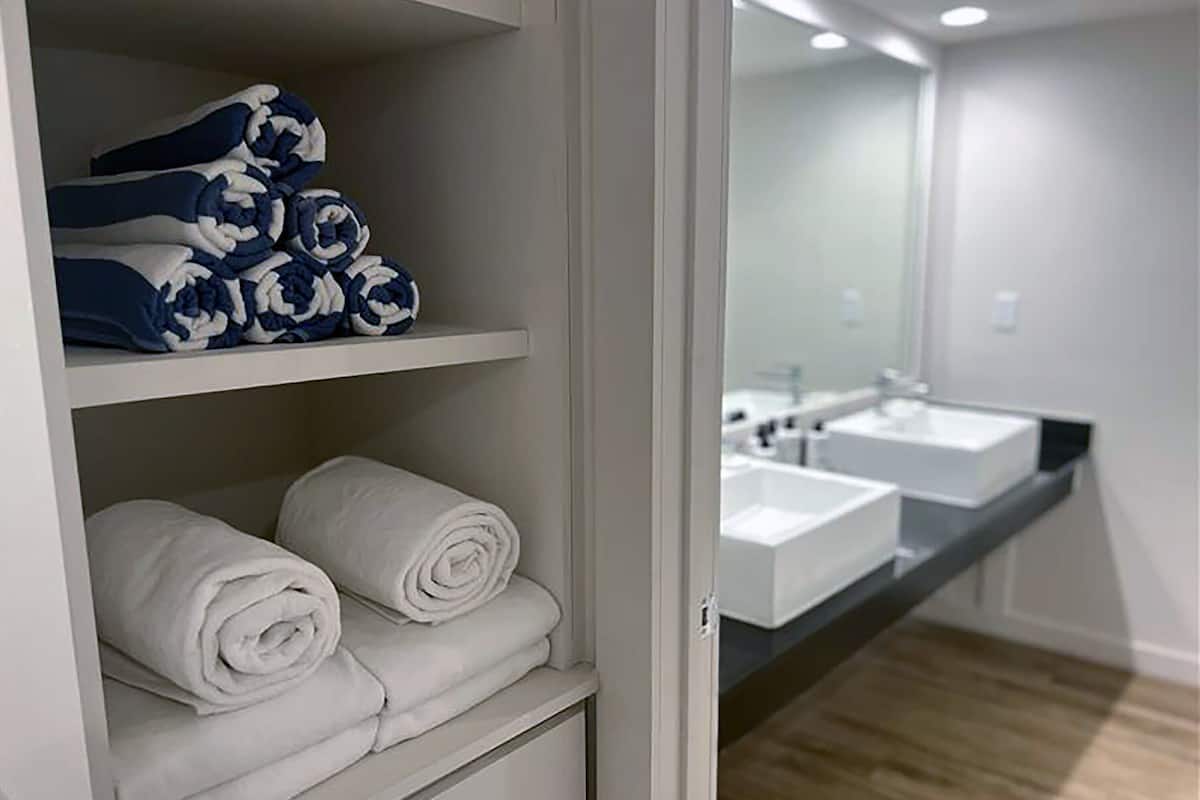 Combined shower/bathtub, hair dryer, towels