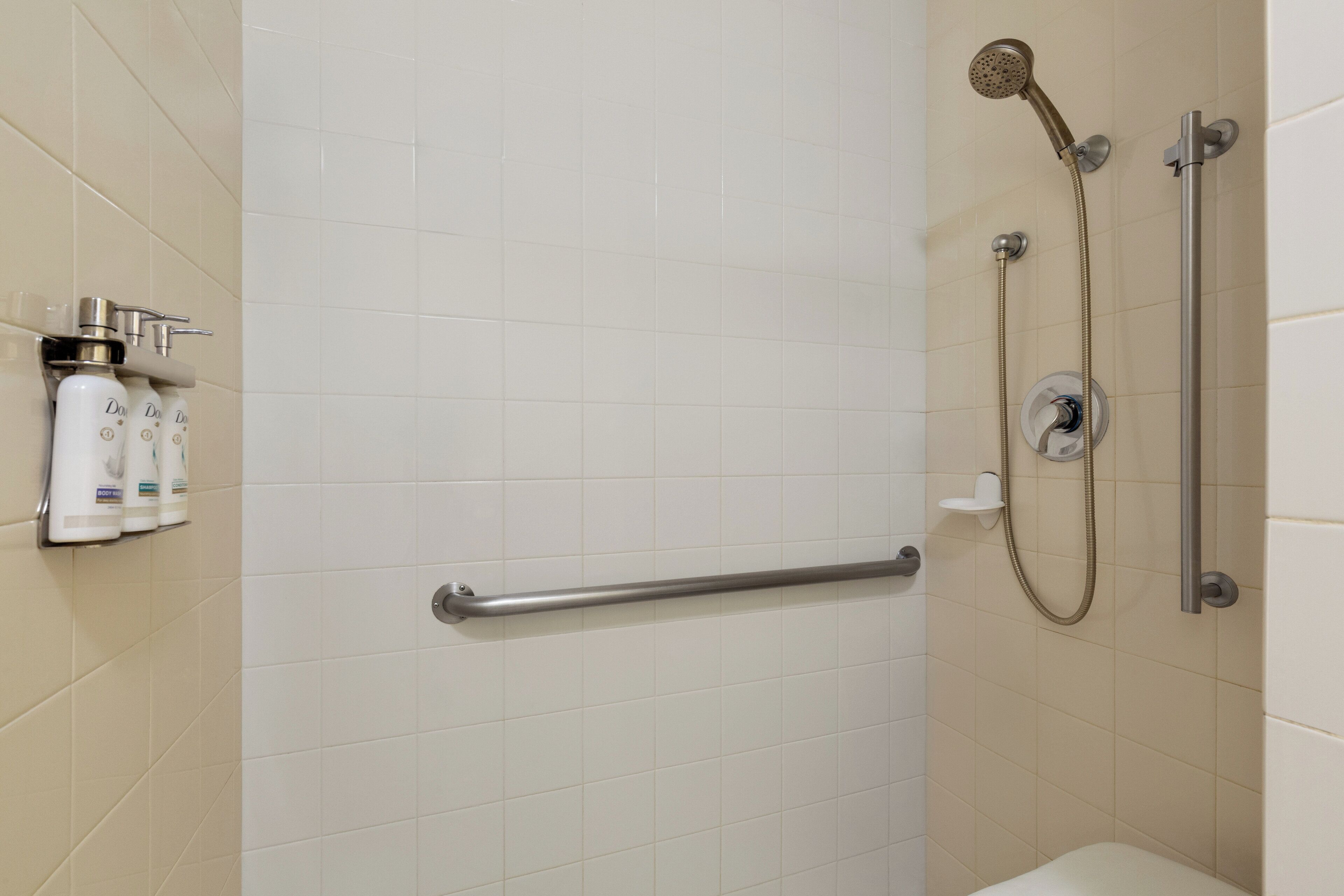 combined shower/bathtub, hair dryer, towels