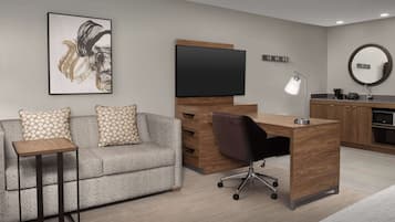 Et moderne værelse med sofa, skrivebord, TV, lampe og spejl.