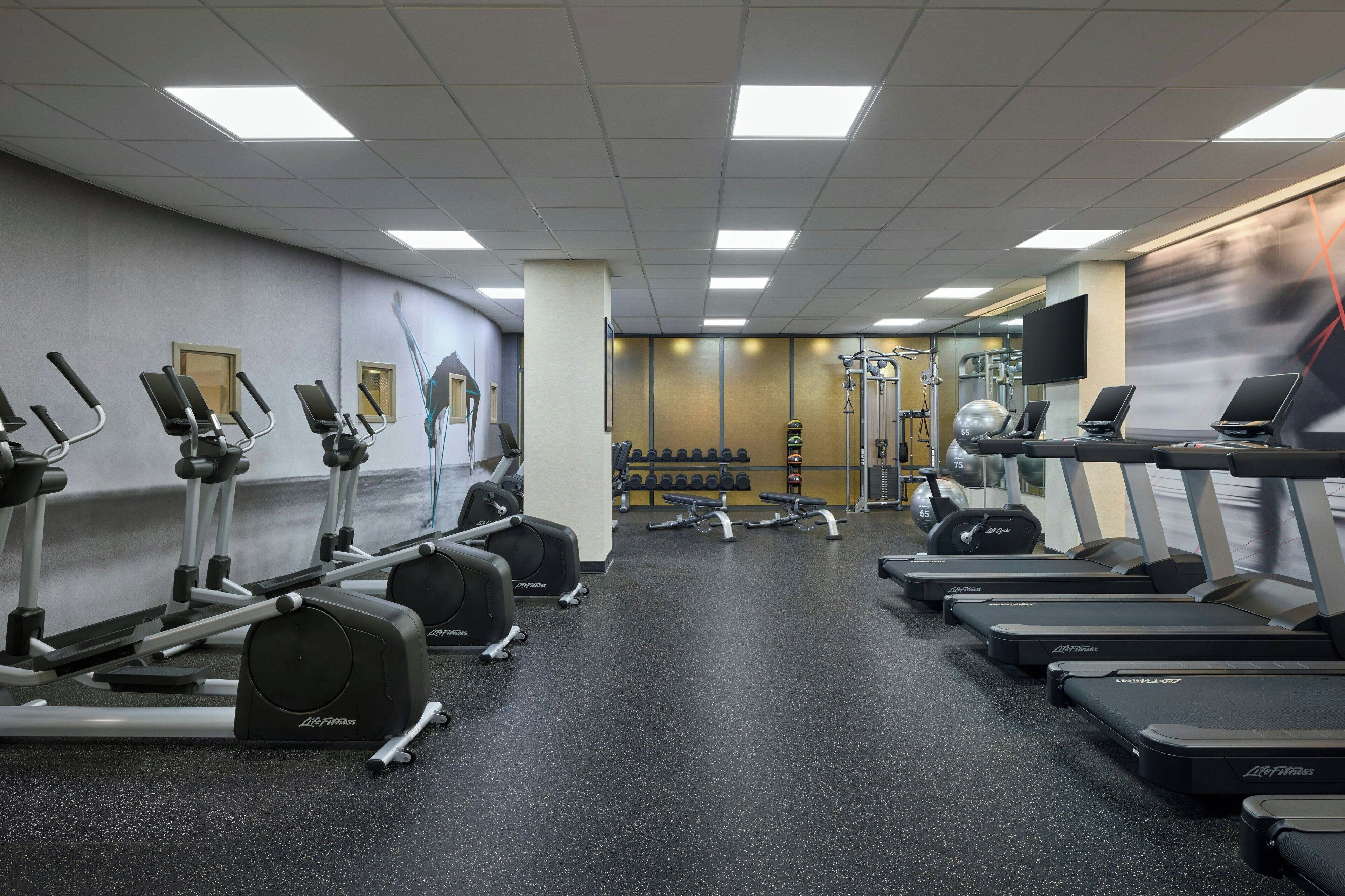 A gym with treadmills, elliptical machines, and weight machines.