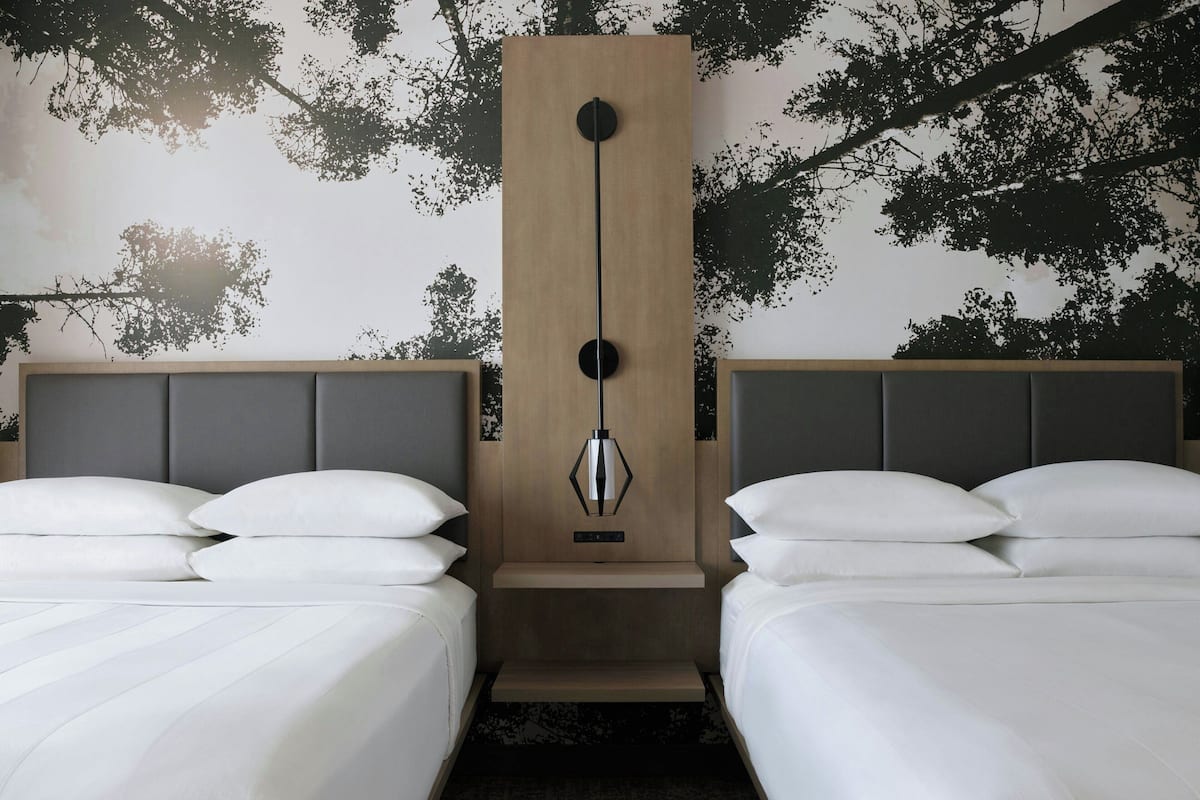 Premium bedding, desk, laptop workspace, blackout curtains