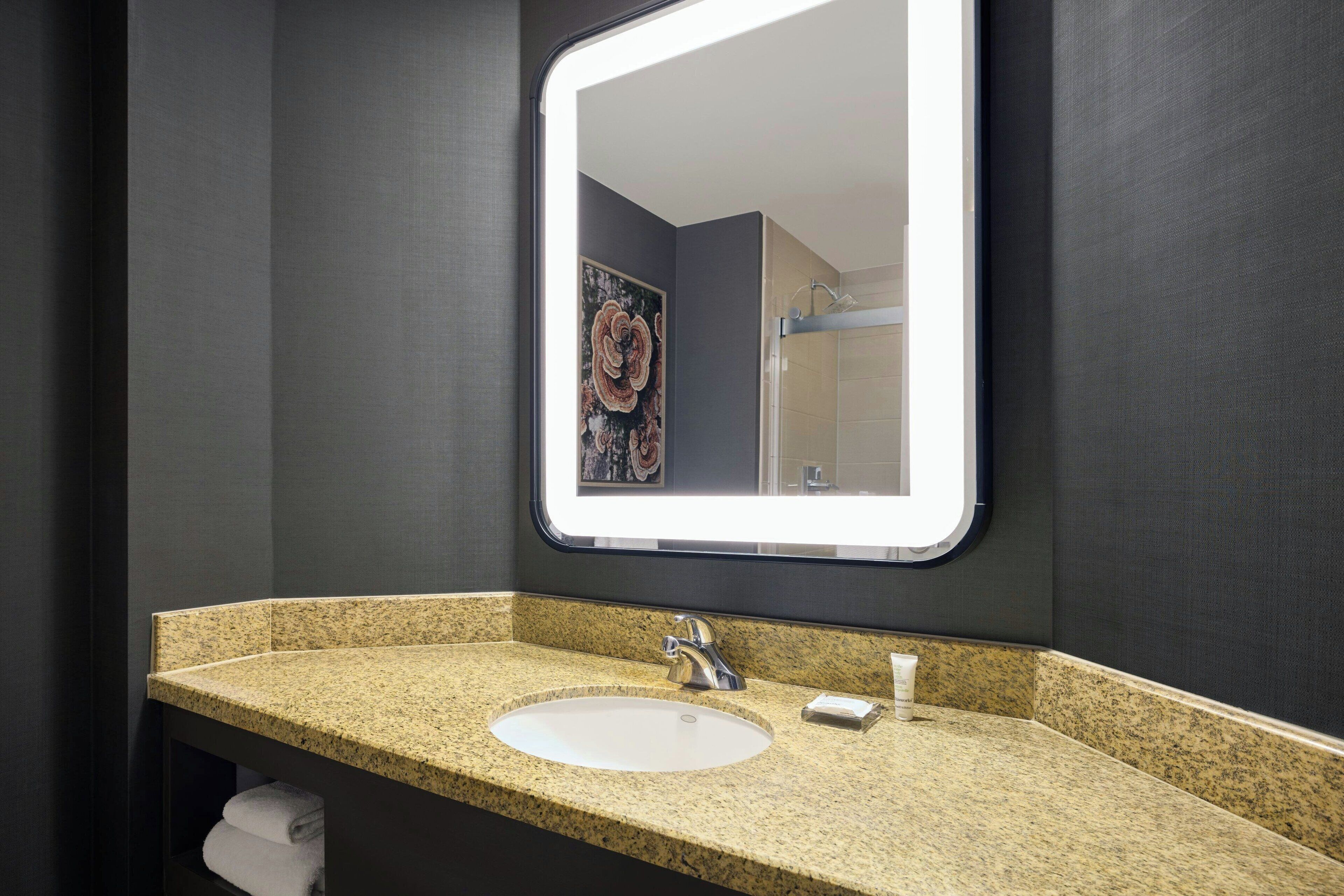A bathroom with a granite countertop sink, a mirror, and a towel rack.