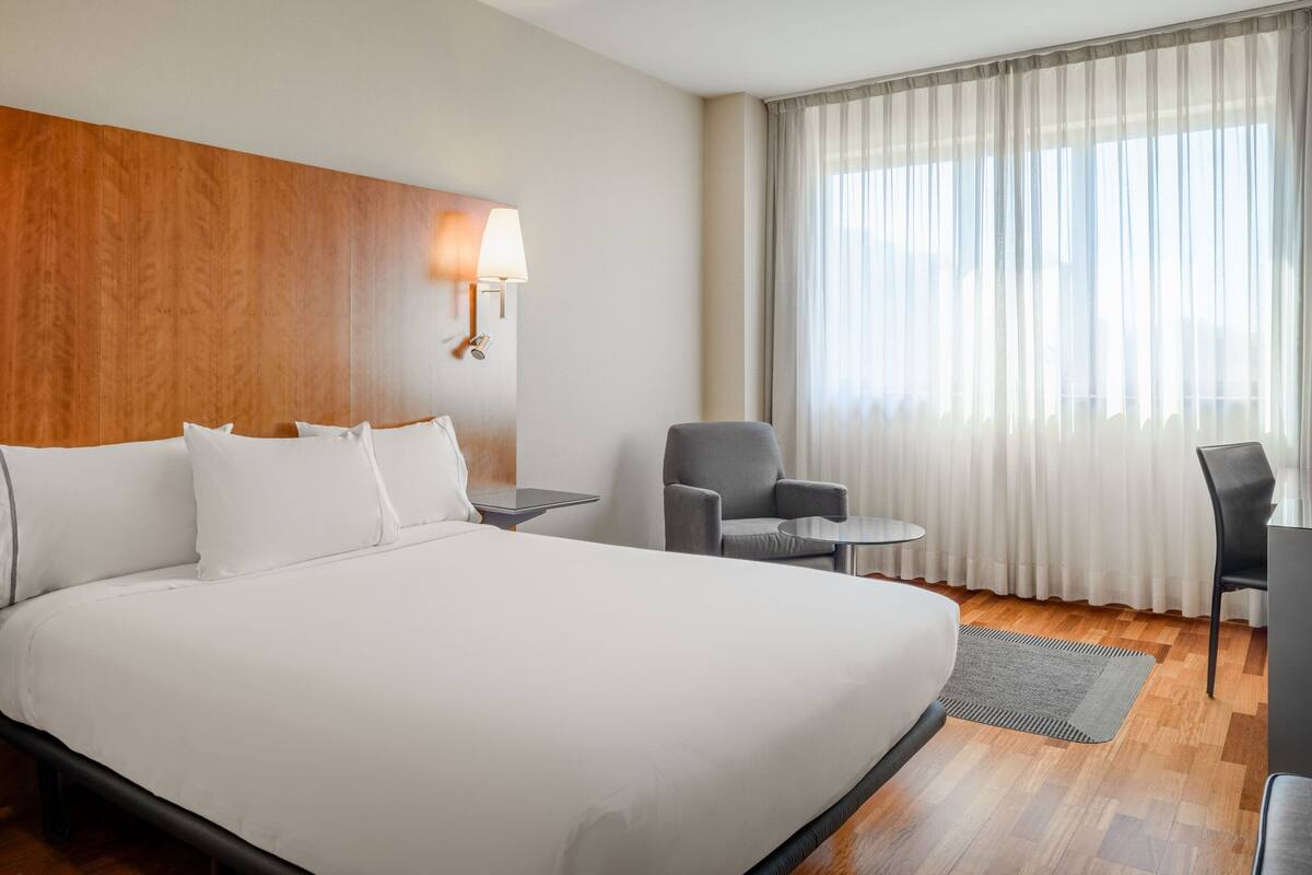 Een hotelkamer met een groot bed, een bureau, twee stoelen, een lamp en uitzicht op het omliggende landschap door dunne gordijnen.