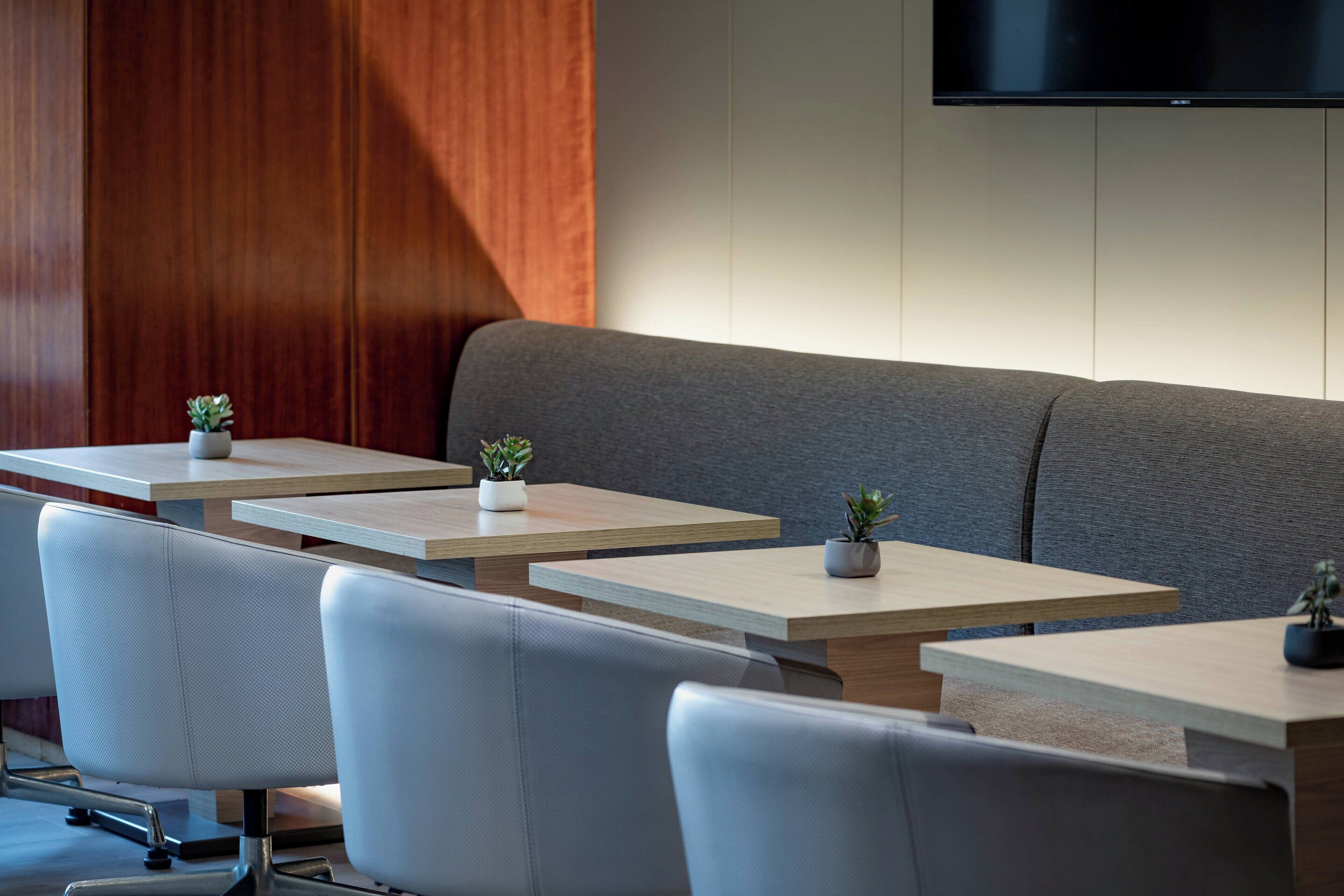 A modern seating area with a sofa and multiple tables, each with a small plant.