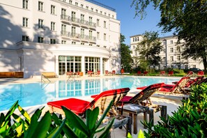 Indoor pool, outdoor pool, pool loungers