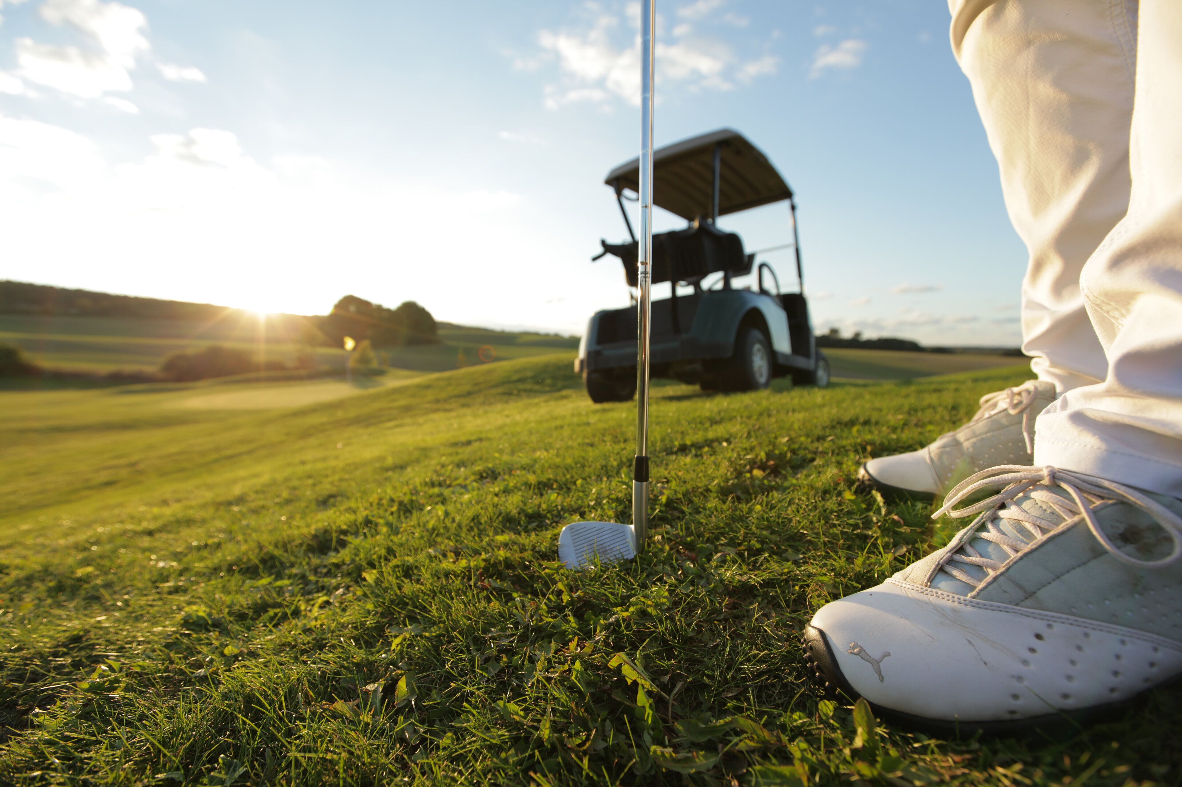 Un terrain de golf avec un chariot de golf et un club de golf au premier plan.