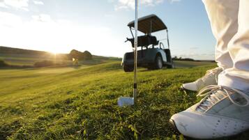 Un terrain de golf avec un chariot de golf et un club de golf au premier plan.