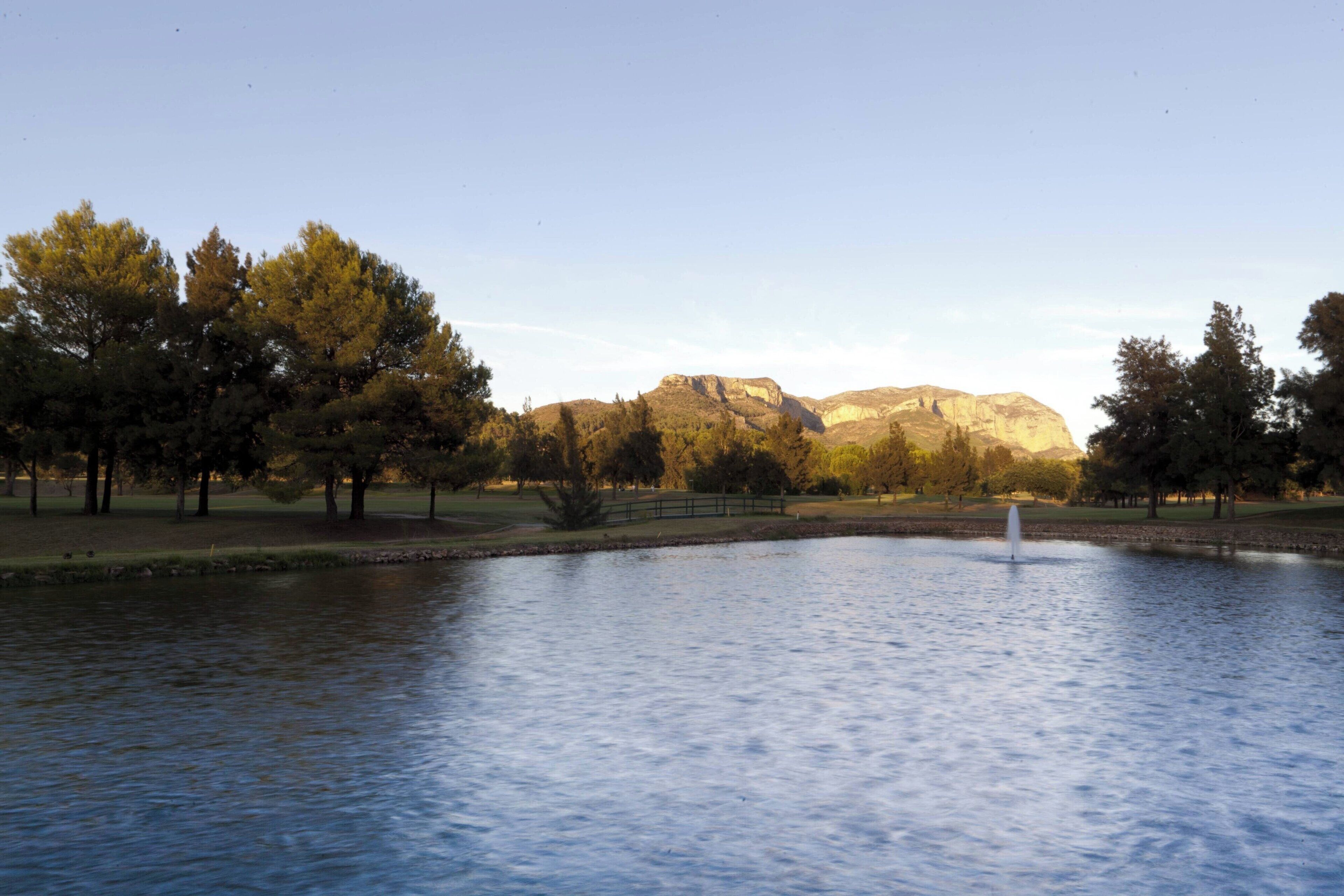A tranquil park with a pond, trees, and a distant mountain.