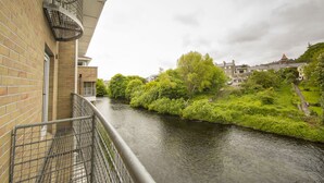 Un río con abundante vegetación y edificios al fondo.