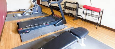 A gym with treadmills, dumbbells, and a bench.